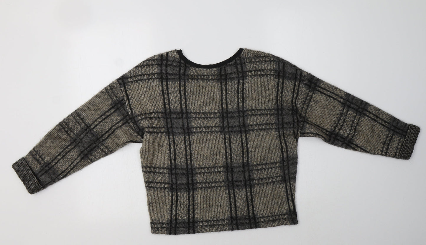 Topshop Womens Beige Crew Neck Check Acrylic Pullover Jumper Size 6