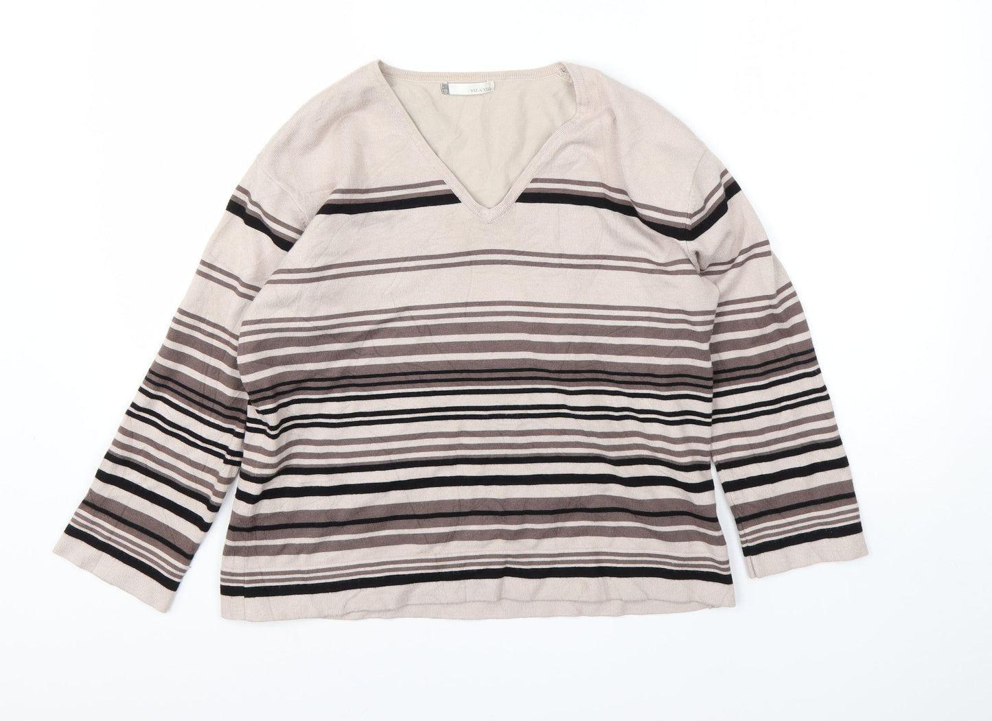 Viz-A-Viz Womens Brown V-Neck Striped Viscose Pullover Jumper Size 16