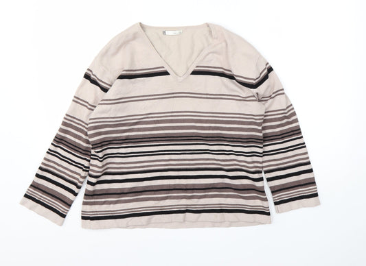 Viz-A-Viz Womens Brown V-Neck Striped Viscose Pullover Jumper Size 16
