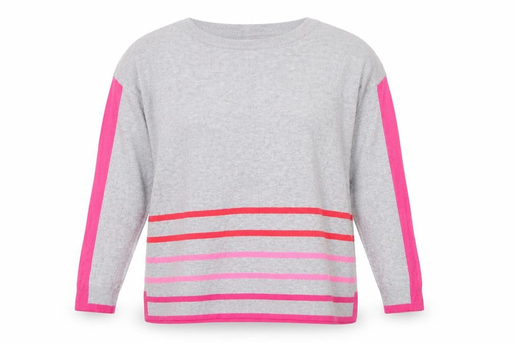 Debenhams Womens Grey Round Neck Striped Cotton Pullover Jumper Size 16