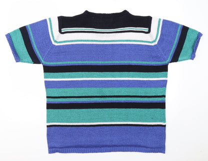 EWM Womens Blue Round Neck Striped Polyester Pullover Jumper Size XL