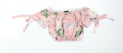 New Look Womens Pink Floral Polyester Basic T-Shirt Size 10 Off the Shoulder