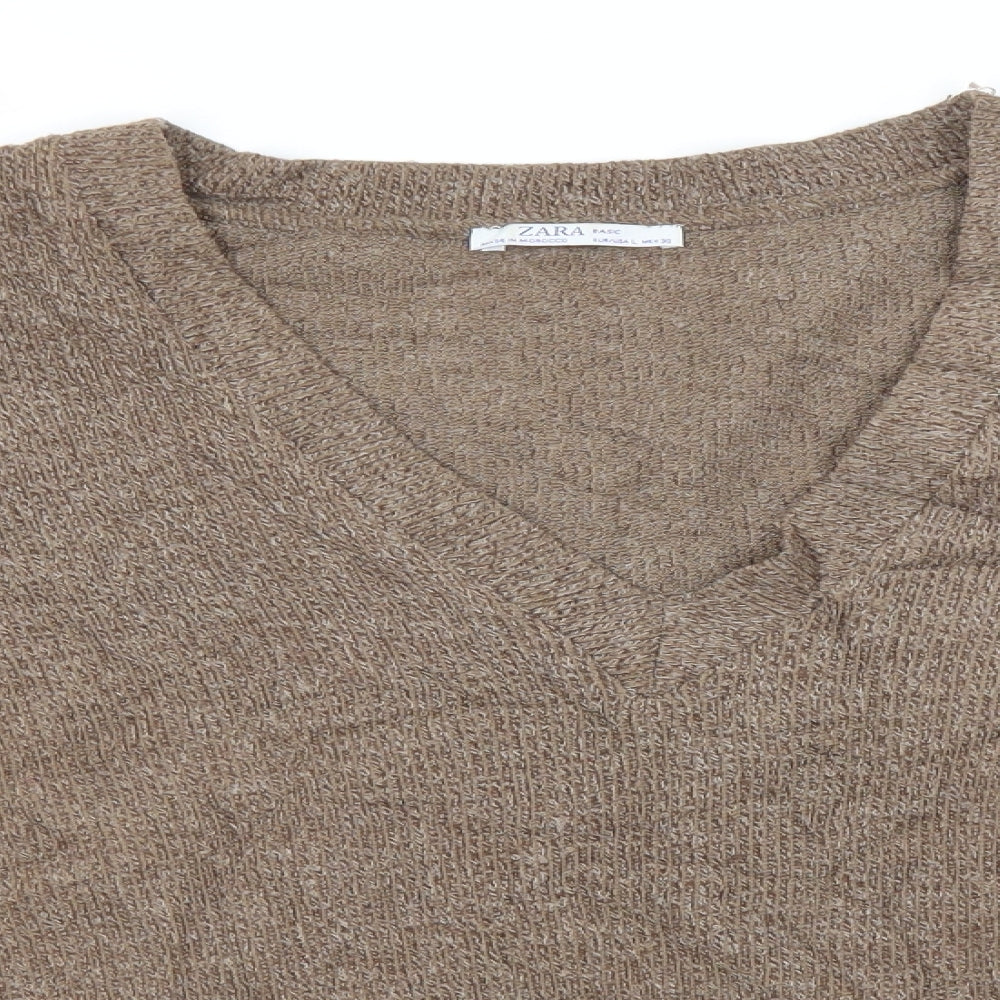 Zara Womens Brown V-Neck  Polyester Pullover Jumper Size L