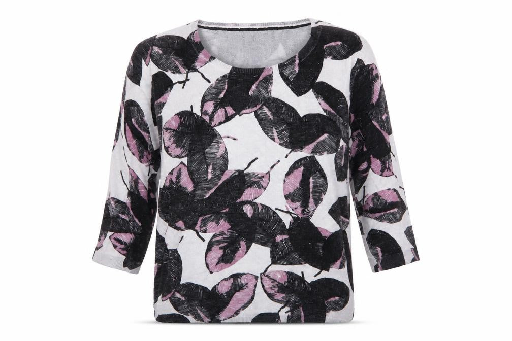 Clements Ribeiro Womens Grey Round Neck Floral Viscose Pullover Jumper Size M   - Black & pink leaf pattern