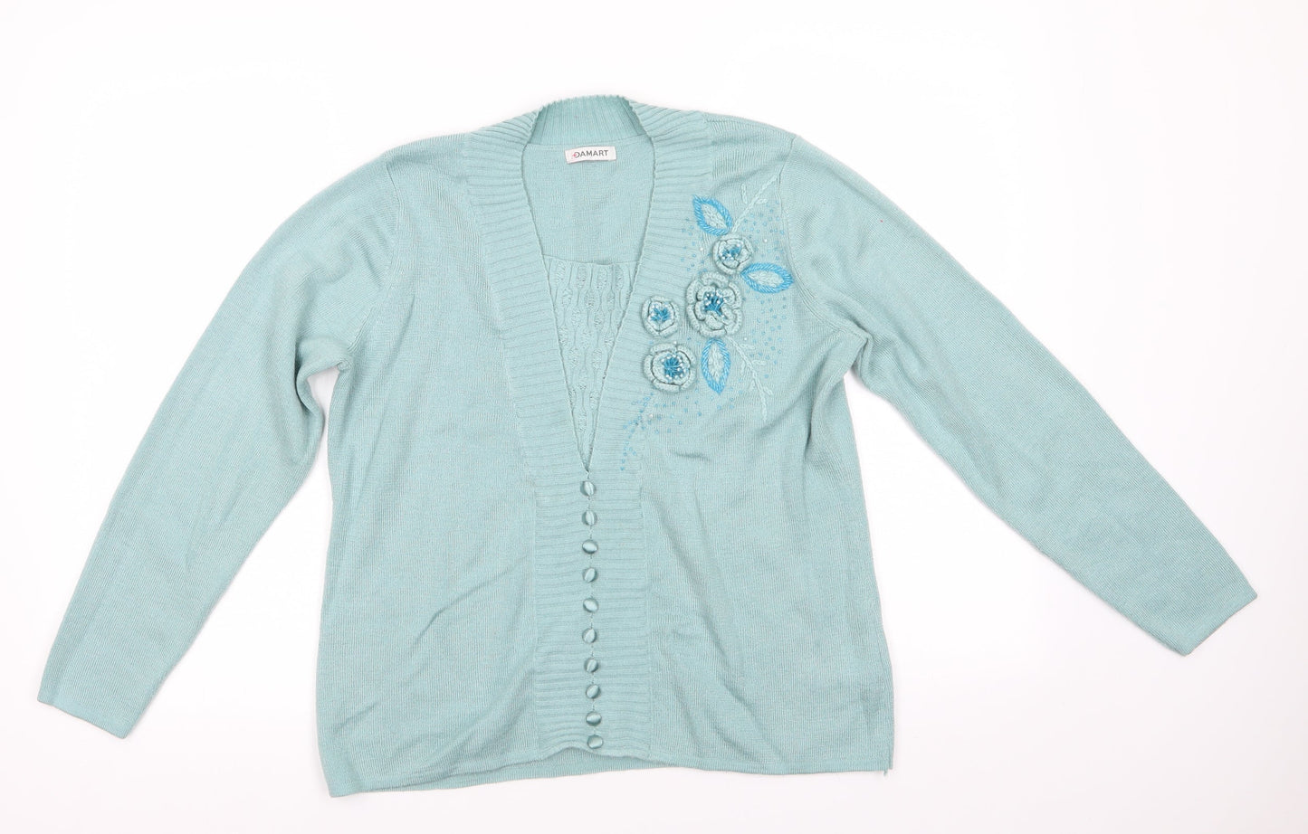 Damart Womens Blue V-Neck Floral Acrylic Cardigan Jumper Size 14   - 3D Flowers
