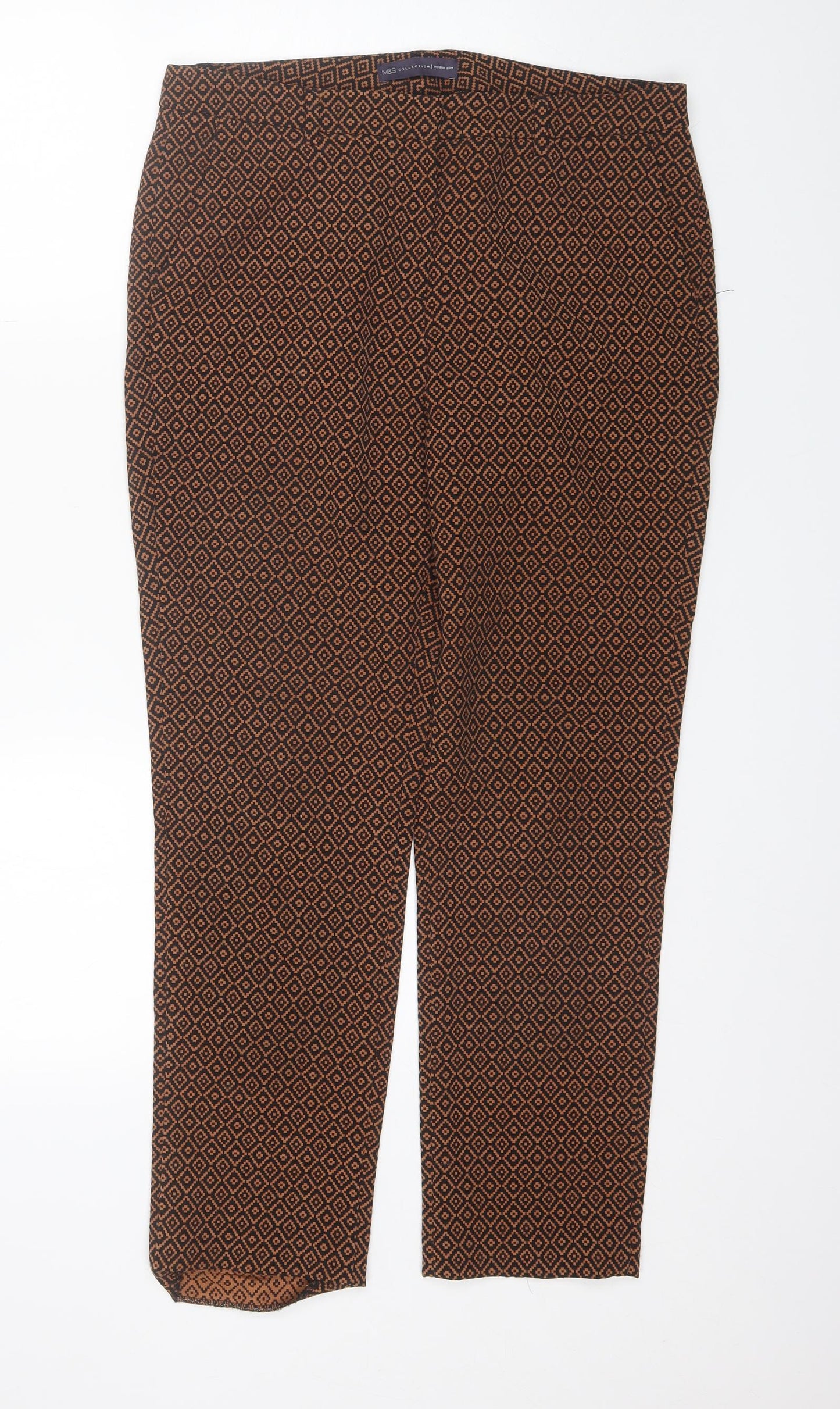 Marks and Spencer Womens Brown Geometric Cotton Trousers  Size 12 L26 in Regular