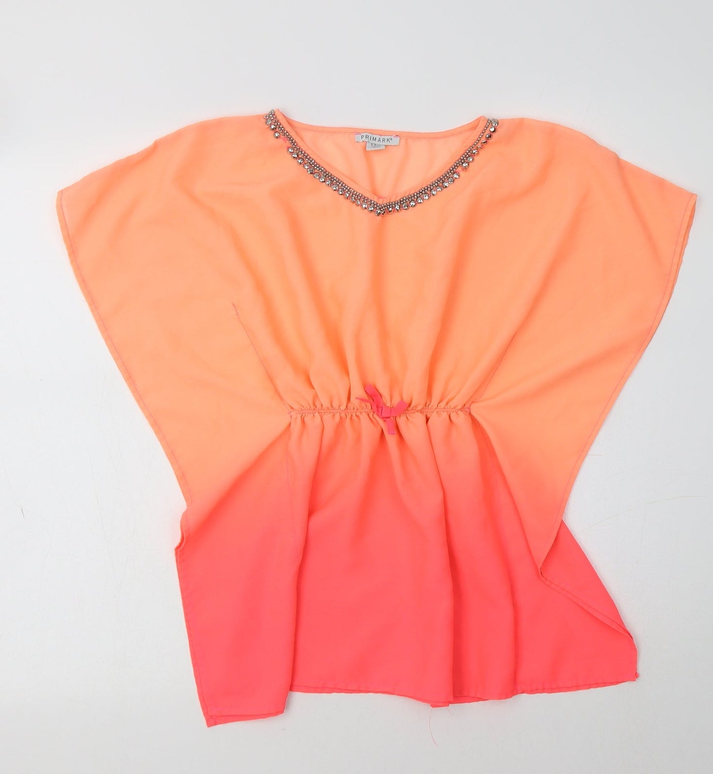 Primark Girls Orange  Polyester Tunic Blouse Size 8-9 Years V-Neck  - Embellished Collar