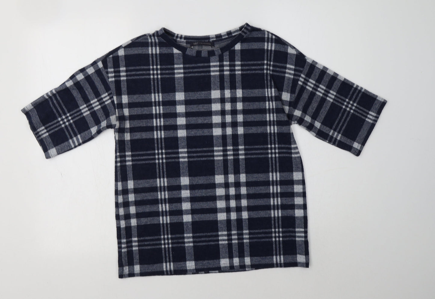 M&S Womens Blue Crew Neck Check Polyester Pullover Jumper Size 8