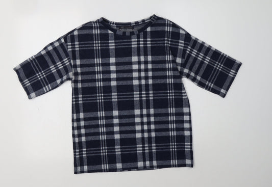 M&S Womens Blue Crew Neck Check Polyester Pullover Jumper Size 8