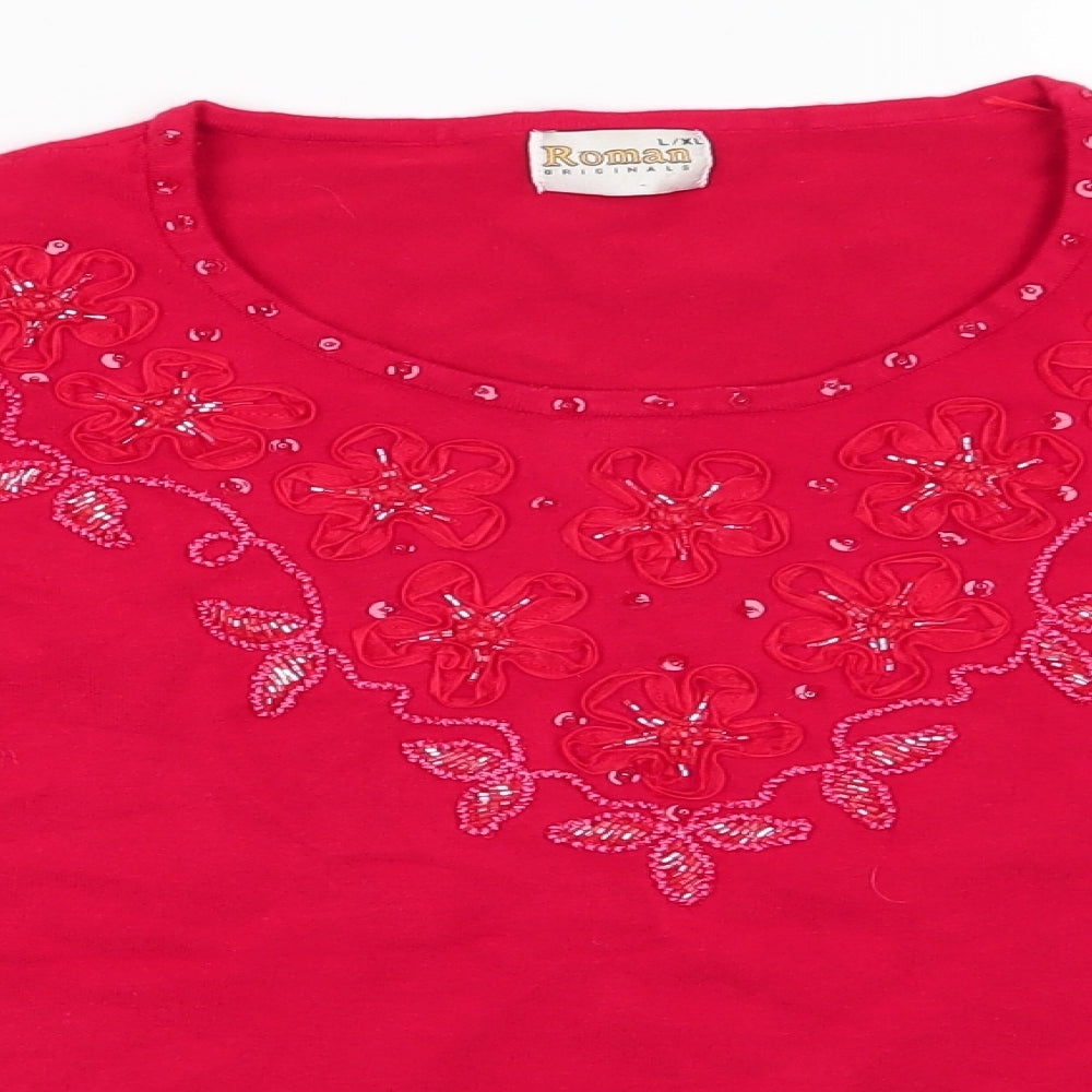 Roman Womens Red Round Neck Floral Viscose Pullover Jumper Size L   - Ribbon Flowers