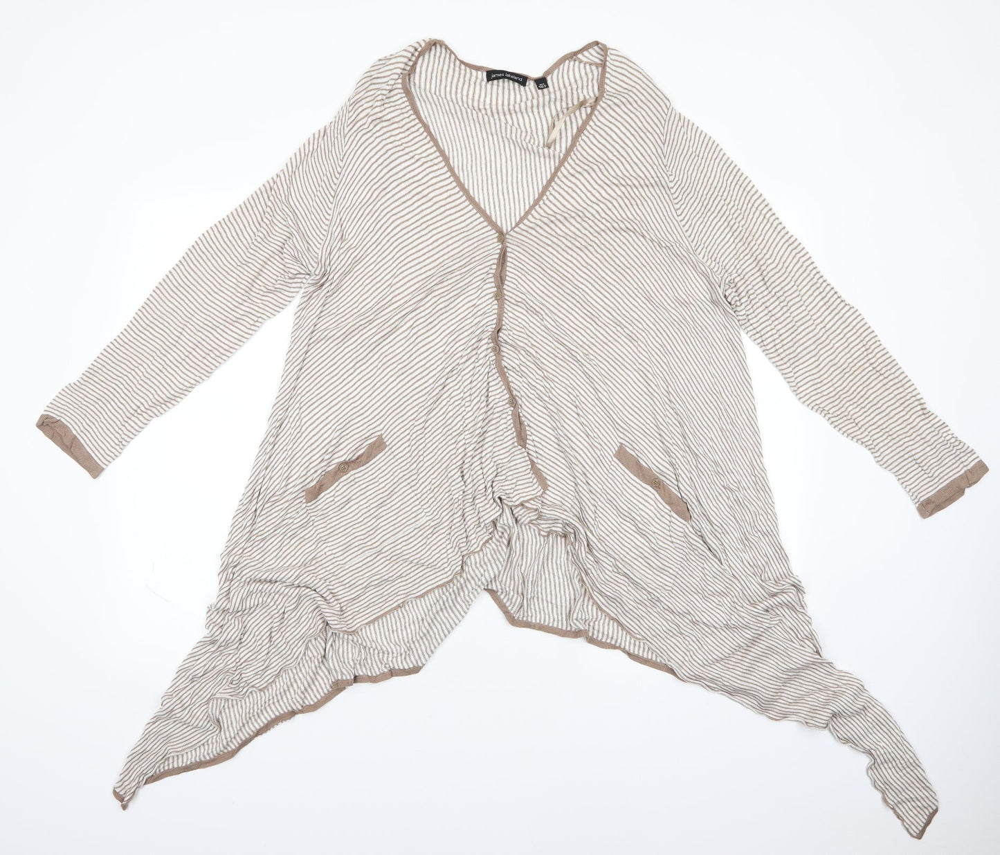James Lakeland Womens Beige V-Neck Striped Viscose Cardigan Jumper Size 18   - Longer at sides