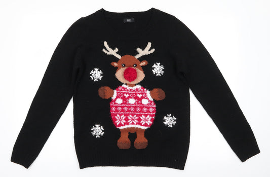 Florence and Fred Womens Black Round Neck Animal Print Acrylic Pullover Jumper Size 8   - Reindeer Pom Pom Nose Snowflakes