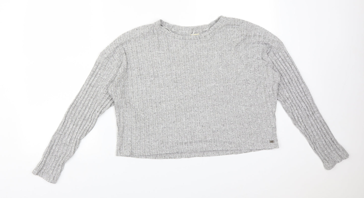 Pull&Bear Womens Grey Striped Viscose Basic T-Shirt Size L Round Neck