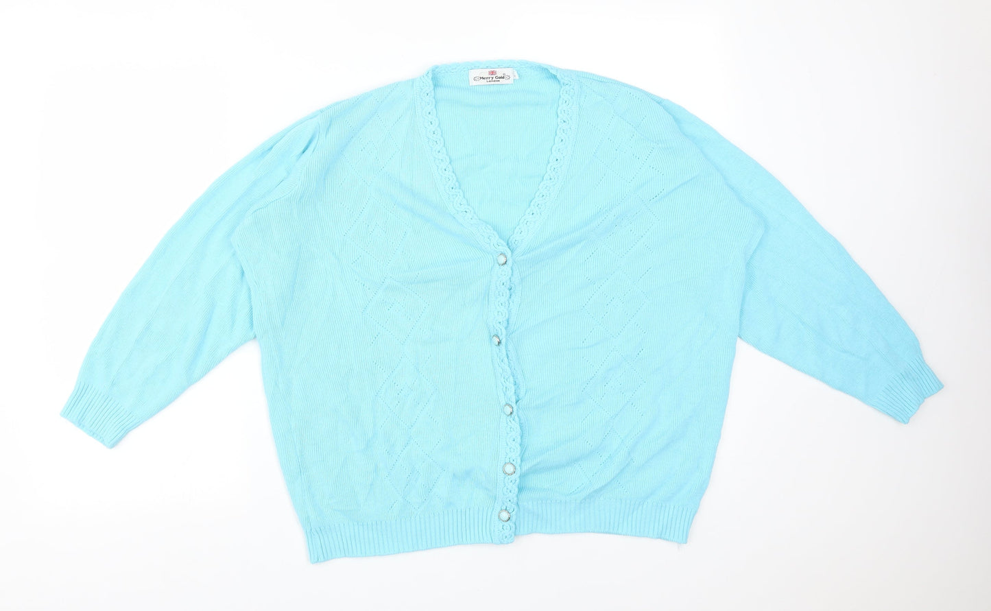 MERRY GOLD Womens Blue V-Neck Argyle/Diamond Acrylic Cardigan Jumper Size L