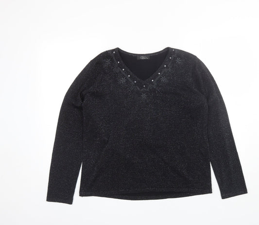 BM Womens Black V-Neck  Acrylic Pullover Jumper Size M
