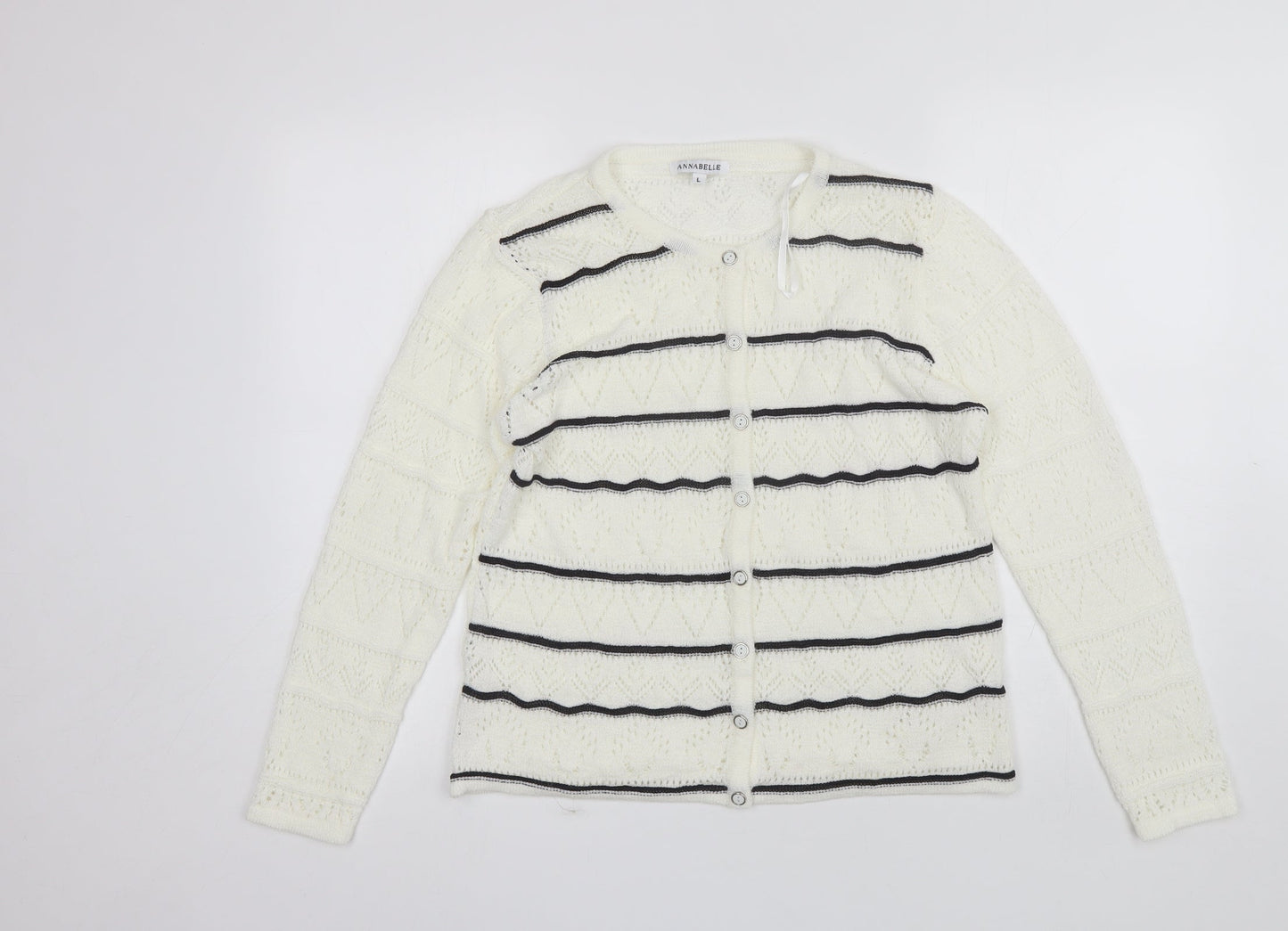 Annabelle Womens White Round Neck Striped Acrylic Cardigan Jumper Size L