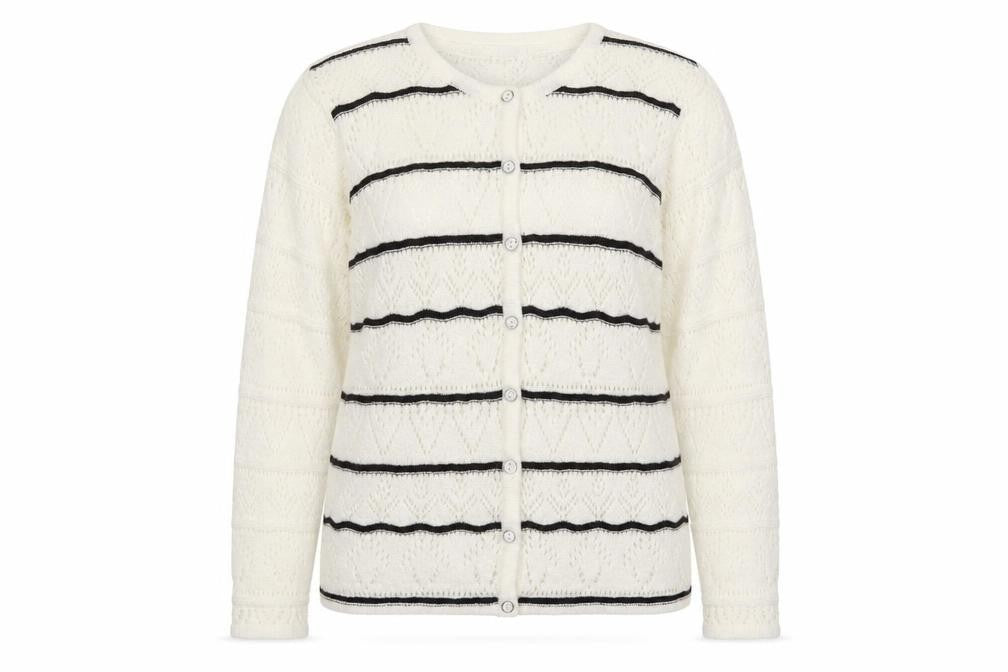 Annabelle Womens White Round Neck Striped Acrylic Cardigan Jumper Size L