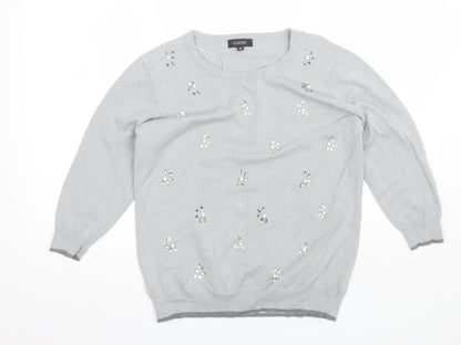 Classics Womens Grey Round Neck Floral Acrylic Pullover Jumper Size M