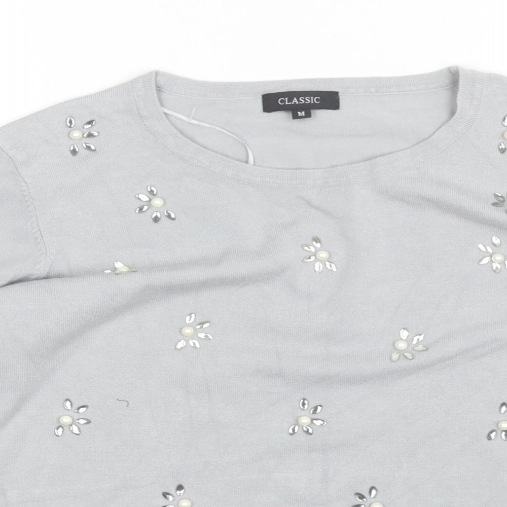 Classic Womens Grey Round Neck Floral Acrylic Pullover Jumper Size M