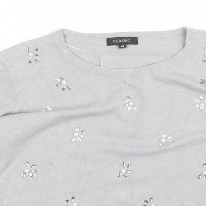 Classics Womens Grey Round Neck Floral Acrylic Pullover Jumper Size M