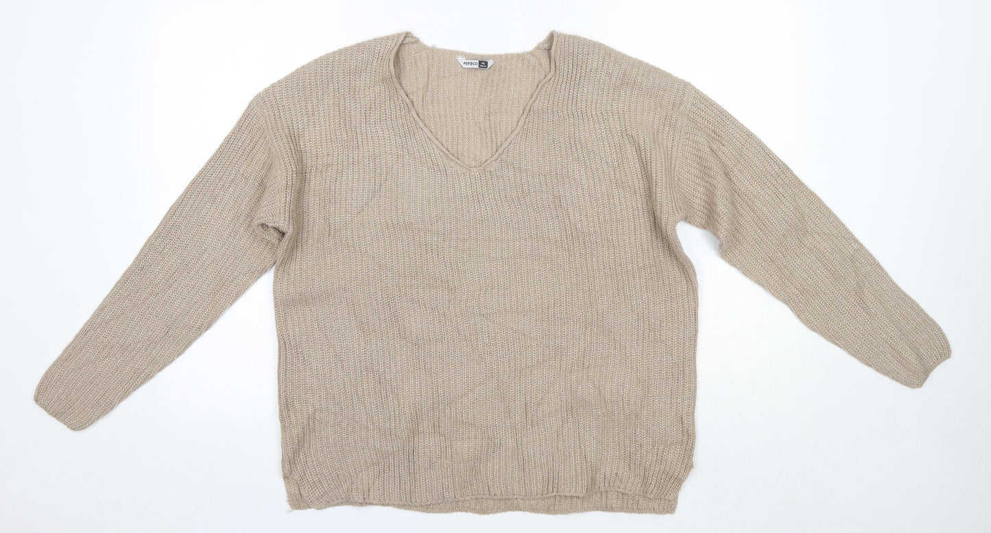 Pep & Co Womens Gold V-Neck  Acrylic Pullover Jumper Size 14