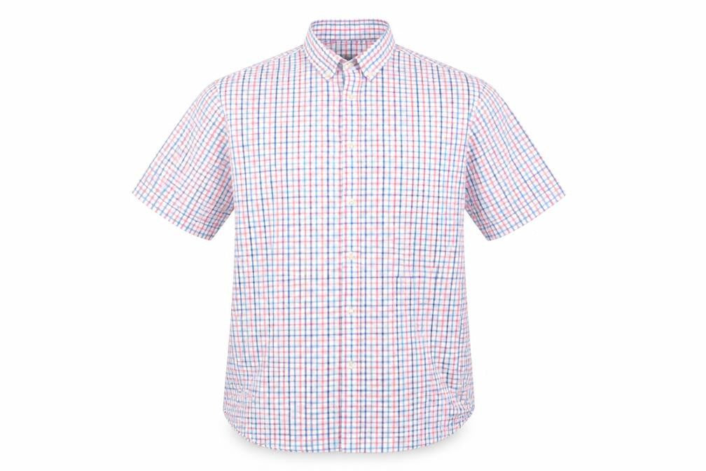 Marks & Spencer Mens Multicoloured Check Cotton  Button-Up Size L Collared  - Blue Red Orange White Teal check Buttoned collar