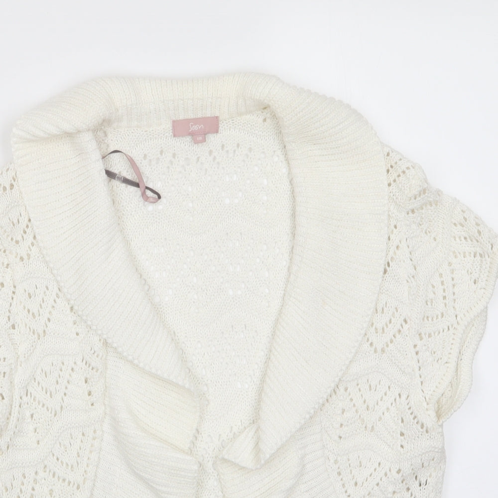 Soon Womens Ivory V-Neck Geometric Cotton Cardigan Jumper Size 18   - Open Knit Frill trim