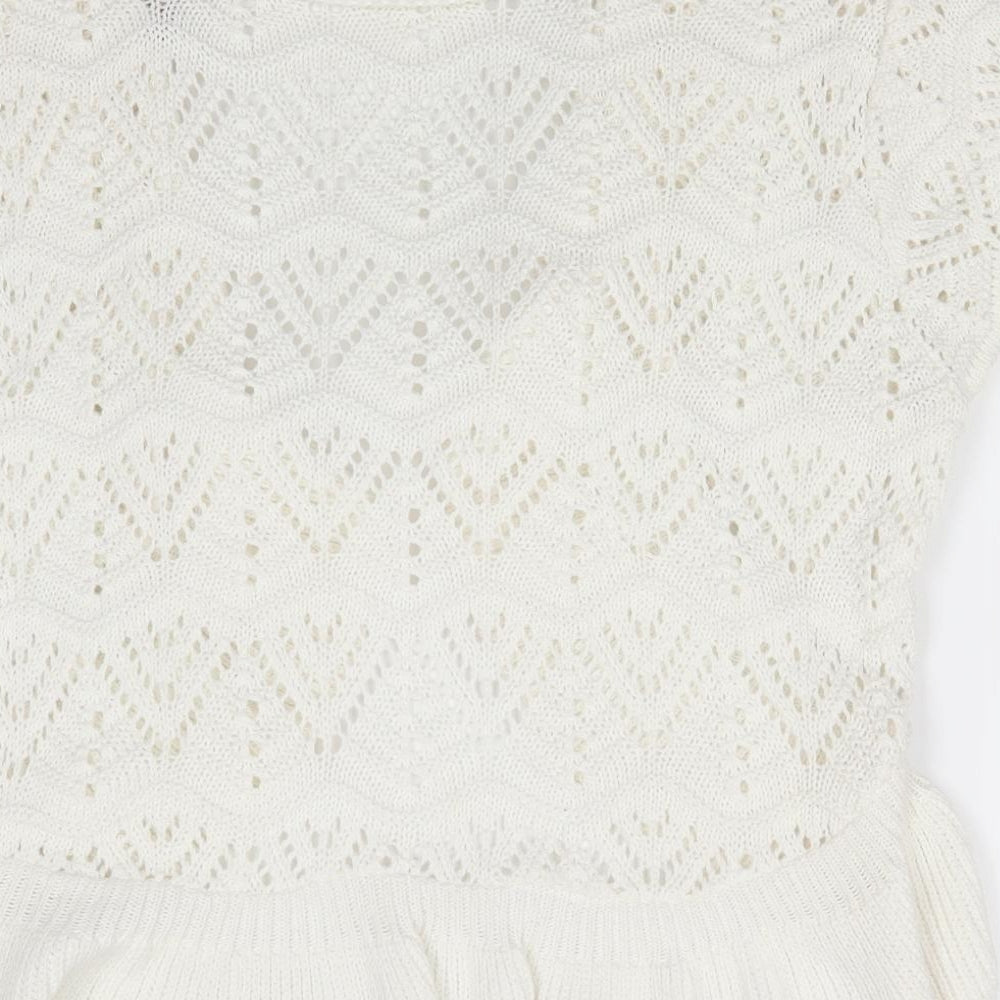 Soon Womens Ivory V-Neck Geometric Cotton Cardigan Jumper Size 18   - Open Knit Frill trim