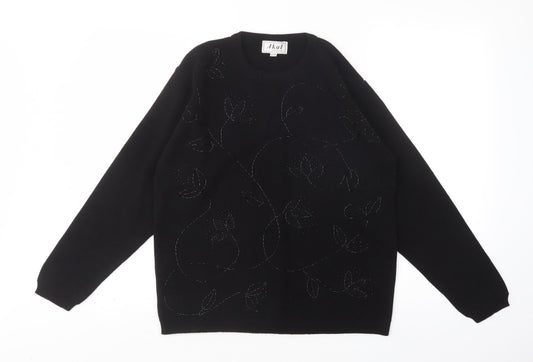Akal Womens Black Round Neck Floral Acrylic Pullover Jumper Size S