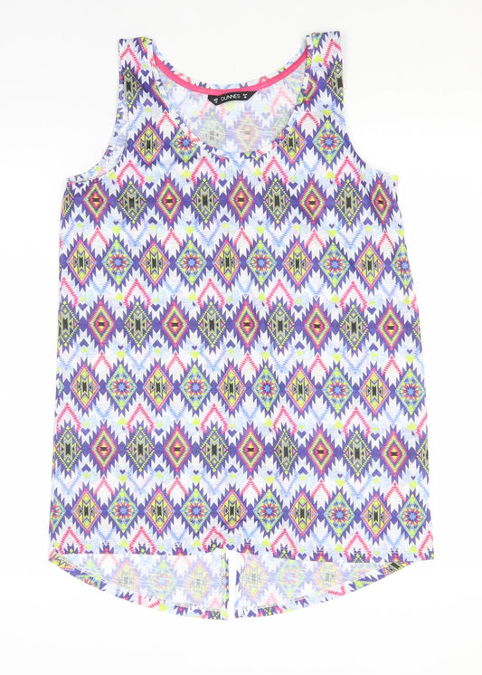Dunnes Stores Womens Blue Geometric Polyester Basic Tank Size 10 Round Neck