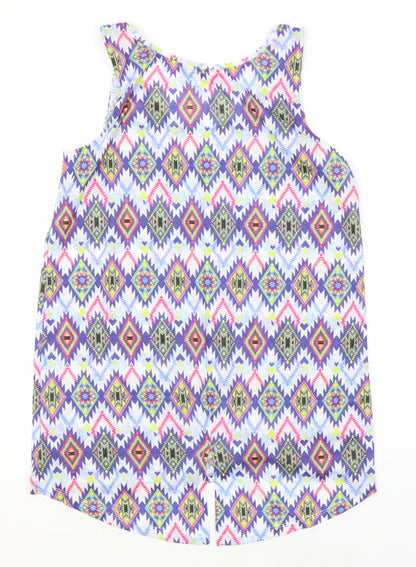 Dunnes Womens Blue Geometric Polyester Basic Tank Size 10 Round Neck