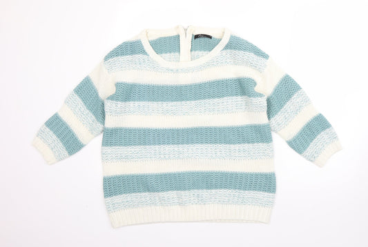 BM Womens White High Neck Striped Acrylic Pullover Jumper Size M