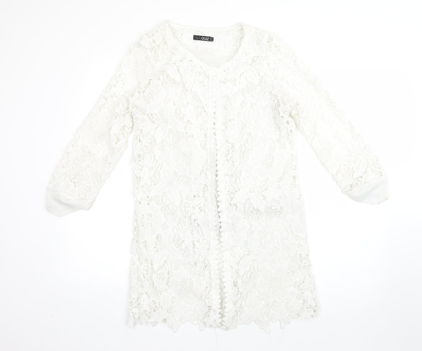 Quiz Womens White Round Neck Floral Polyester Cardigan Jumper Size 8