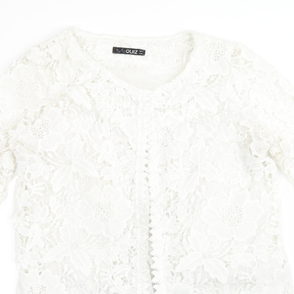 Quiz Womens White Round Neck Floral Polyester Cardigan Jumper Size 8