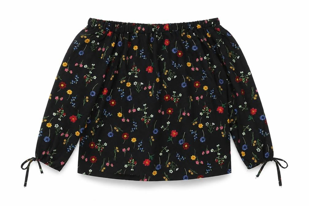 Papaya Womens Black Floral Polyester Basic T-Shirt Size 12 Off the Shoulder