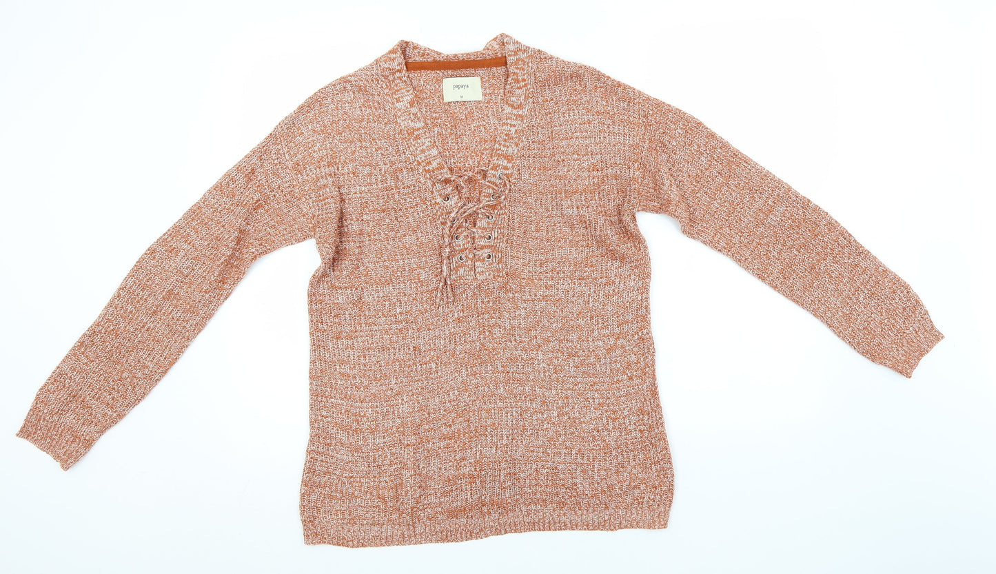 Papaya Womens Orange V-Neck  Acrylic Pullover Jumper Size M