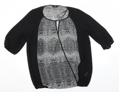 Arcadia Womens Black Animal Print Polyester Basic Blouse Size 16 Round Neck