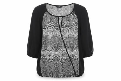 Arcadia Womens Black Animal Print Polyester Basic Blouse Size 16 Round Neck