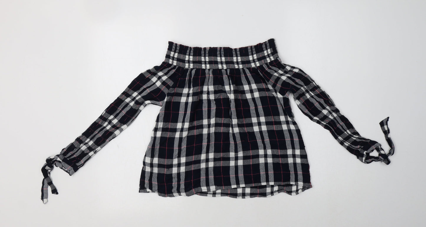 New Look Womens Blue Check Viscose Basic Blouse Size 10 Off the Shoulder