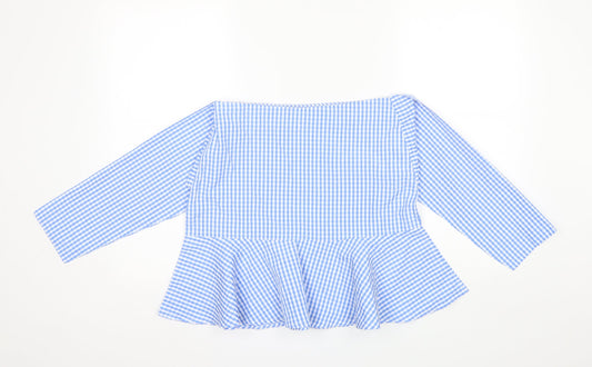 Fisherfield Womens Blue Plaid Polyester Blend Basic Blouse Size S Boat Neck