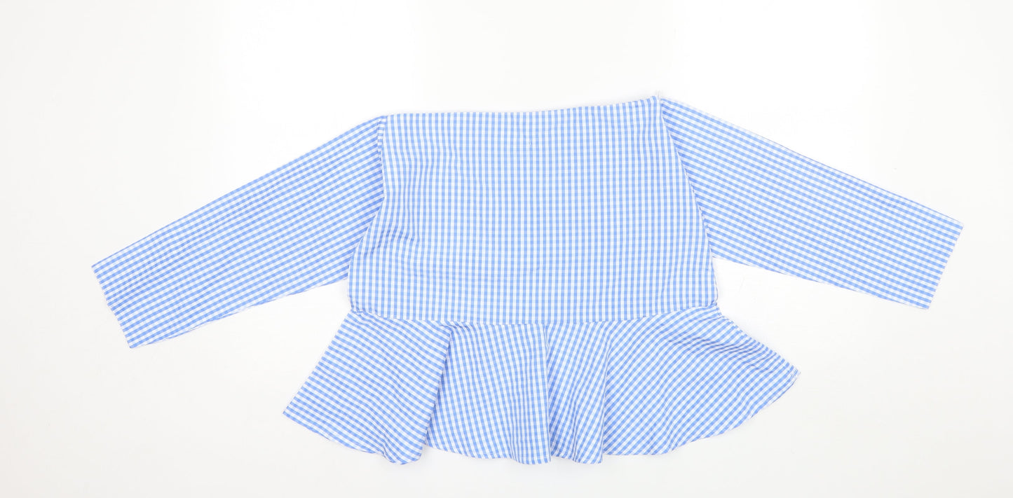 Fisherfield Womens Blue Plaid Polyester Blend Basic Blouse Size S Boat Neck
