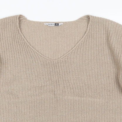 Pep&Co Womens Beige V-Neck  Acrylic Pullover Jumper Size 8