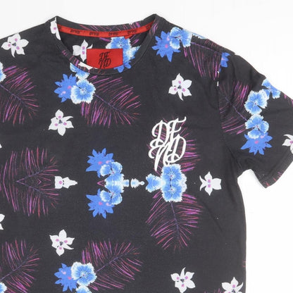 Preloved DFND Womens Black Floral Polyester Basic Polo Size M Round Neck - Detail
