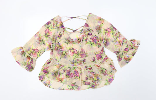 PRETTYLITTLETHING Womens Beige Floral Polyester Basic Blouse Size 8 Scoop Neck