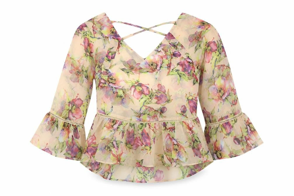 PRETTYLITTLETHING Womens Beige Floral Polyester Basic Blouse Size 8 Scoop Neck