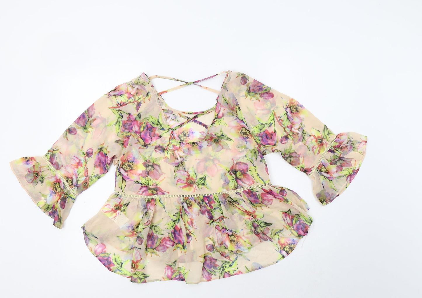 PRETTYLITTLETHING Womens Beige Floral Polyester Basic Blouse Size 8 Scoop Neck
