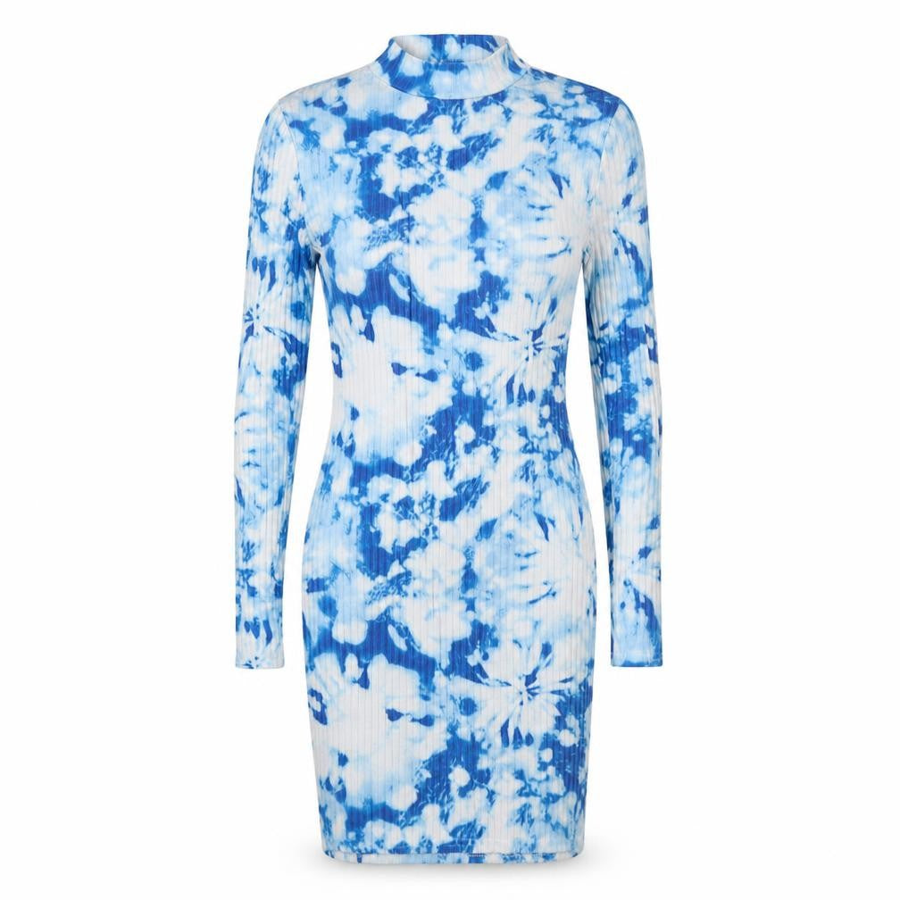 Mode-LL Womens Blue Batik Polyester Bodycon  Size 8  Mock Neck