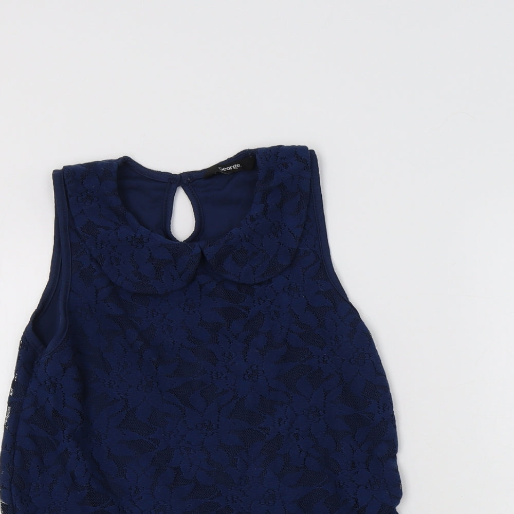 George Girls Blue Floral Polyester Basic Blouse Size 10-11 Years Collared Button - Peplum