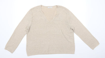 Mango Womens Beige V-Neck  Acrylic Pullover Jumper Size L   - Light Beige