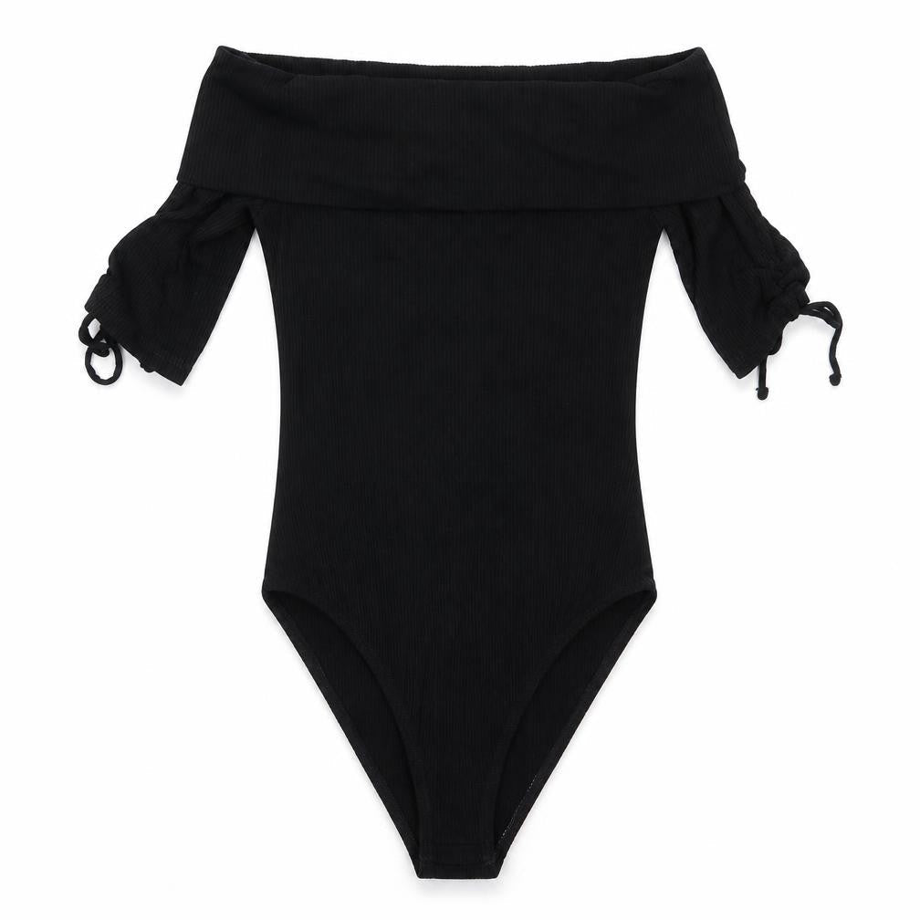 Topshop Womens Black  Viscose Bodysuit One-Piece Size 8  Snap - Drawstring sleeves Ribbed fabric